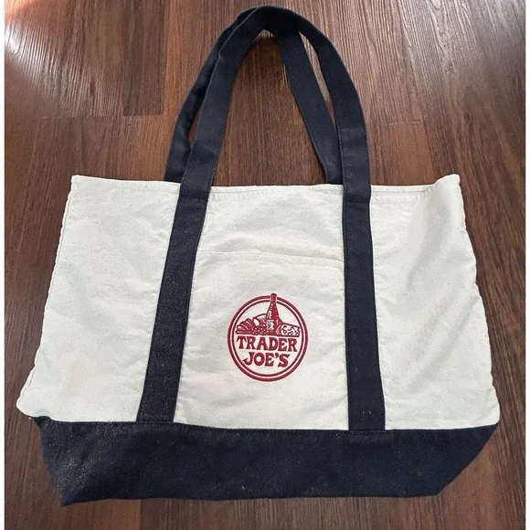 Trader Joe's Reusable Canvas Eco Tote Bag Heavy Duty Bag Blue White - Picture 2 of 11